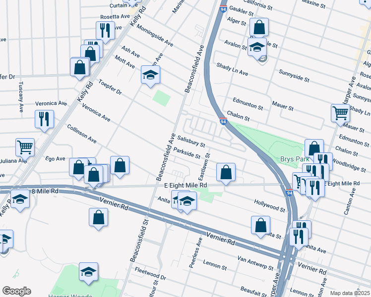 map of restaurants, bars, coffee shops, grocery stores, and more near 19531 Parkside Street in St. Clair Shores