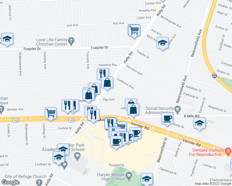 map of restaurants, bars, coffee shops, grocery stores, and more near 17770 Sprenger Avenue in Eastpointe