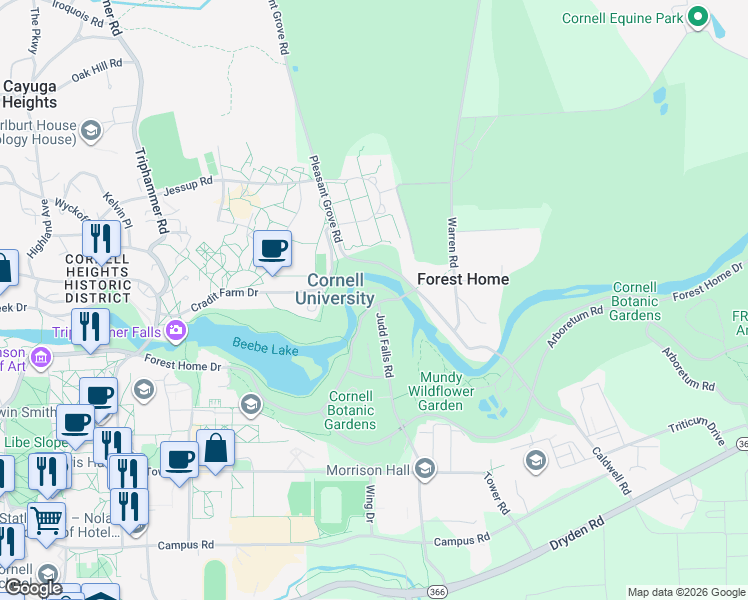 map of restaurants, bars, coffee shops, grocery stores, and more near 136 Forest Home Drive in Ithaca