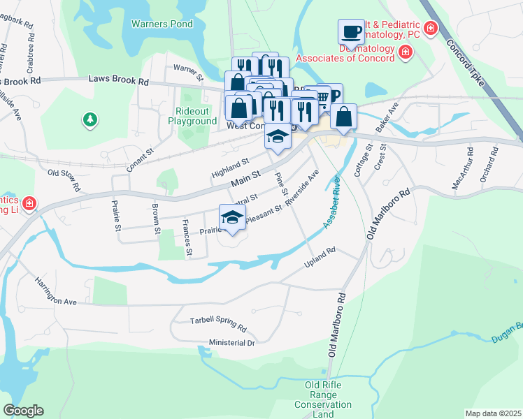 map of restaurants, bars, coffee shops, grocery stores, and more near 27 Concord Greene in Concord