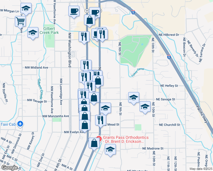 map of restaurants, bars, coffee shops, grocery stores, and more near 224 Northeast Steiger Street in Grants Pass