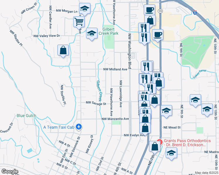 map of restaurants, bars, coffee shops, grocery stores, and more near 1337 Northwest Gilbert Way in Grants Pass