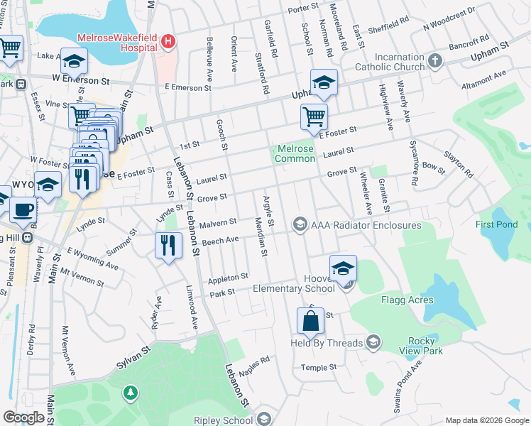 map of restaurants, bars, coffee shops, grocery stores, and more near 50 Argyle Street in Melrose