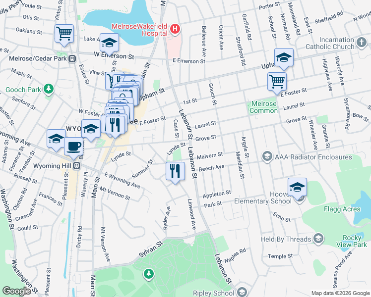 map of restaurants, bars, coffee shops, grocery stores, and more near 403 Lebanon Street in Melrose