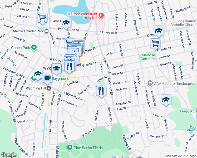 map of restaurants, bars, coffee shops, grocery stores, and more near 154 Lynde Street in Melrose