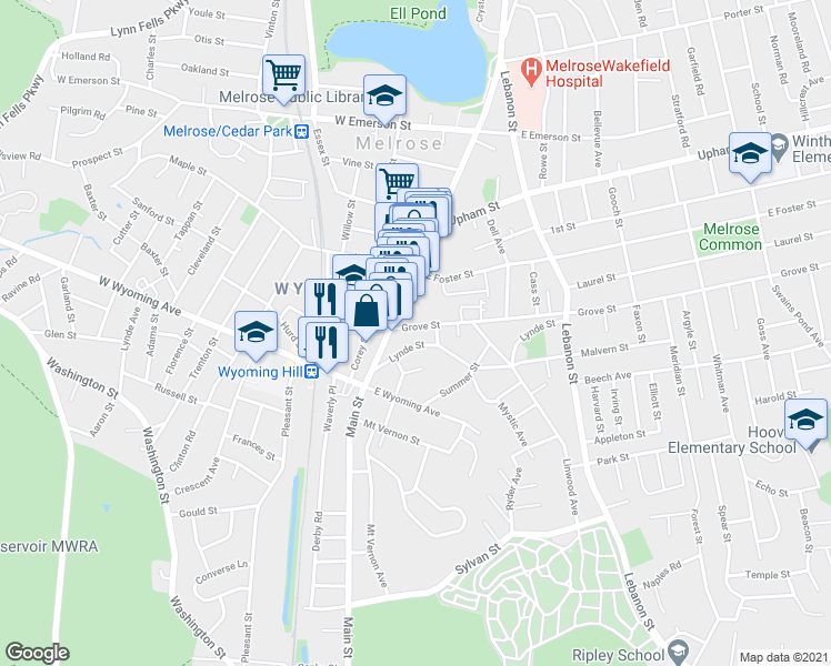 map of restaurants, bars, coffee shops, grocery stores, and more near 71-73 Grove Street in Melrose