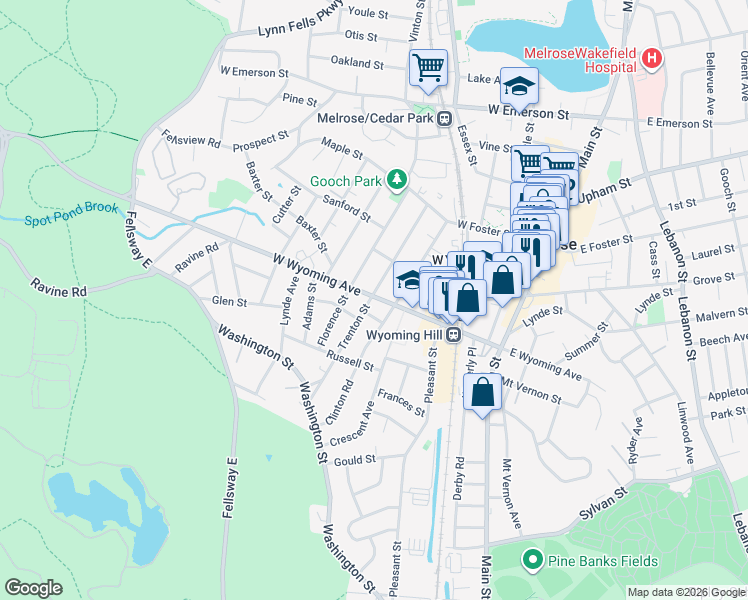 map of restaurants, bars, coffee shops, grocery stores, and more near 116 West Wyoming Avenue in Melrose