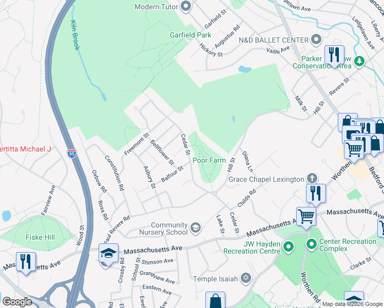 map of restaurants, bars, coffee shops, grocery stores, and more near 117 Cedar Street in Lexington