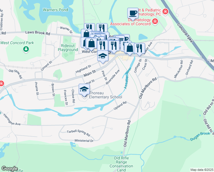 map of restaurants, bars, coffee shops, grocery stores, and more near 83 Riverside Avenue in Concord