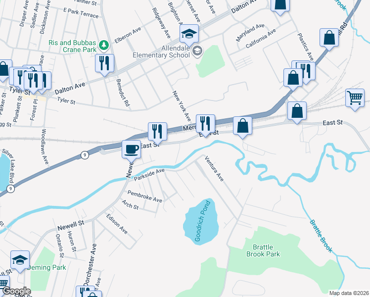 map of restaurants, bars, coffee shops, grocery stores, and more near 1311 East Street in Pittsfield