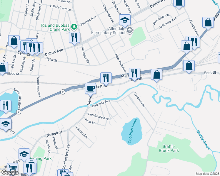 map of restaurants, bars, coffee shops, grocery stores, and more near 1274 East St in Pittsfield