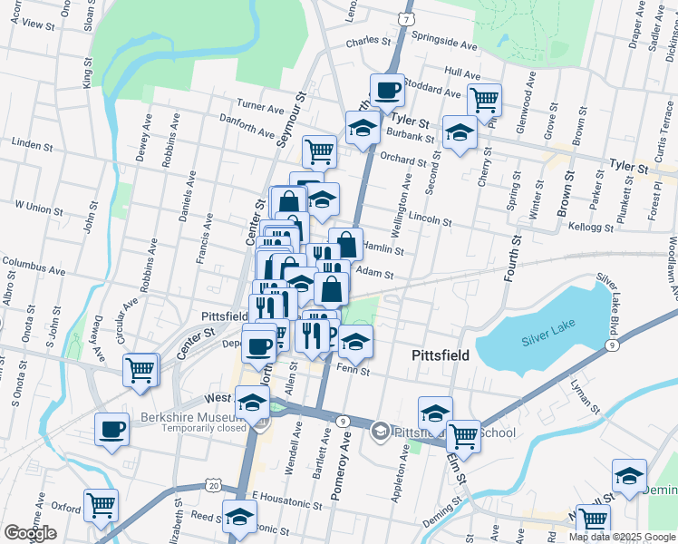 map of restaurants, bars, coffee shops, grocery stores, and more near 12 Adam Street in Pittsfield