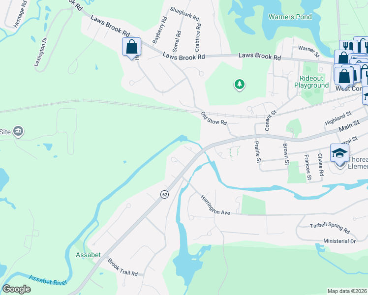 map of restaurants, bars, coffee shops, grocery stores, and more near 37 Water Street in Concord