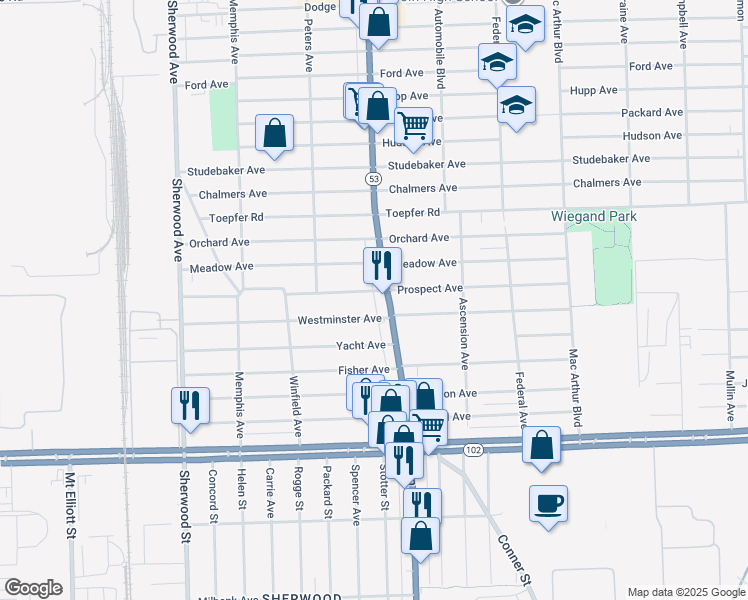 map of restaurants, bars, coffee shops, grocery stores, and more near 7642 Prospect Avenue in Warren