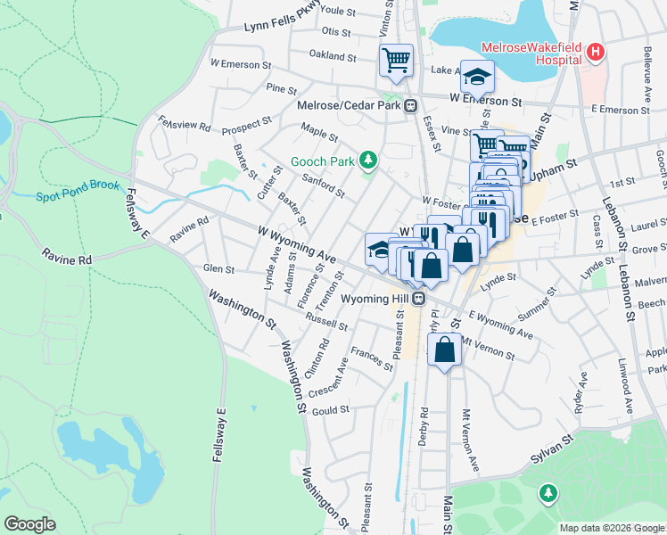 map of restaurants, bars, coffee shops, grocery stores, and more near 116 West Wyoming Avenue in Melrose