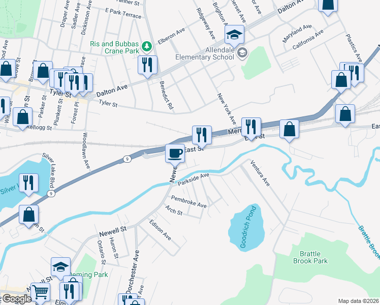 map of restaurants, bars, coffee shops, grocery stores, and more near 1238 East Street in Pittsfield