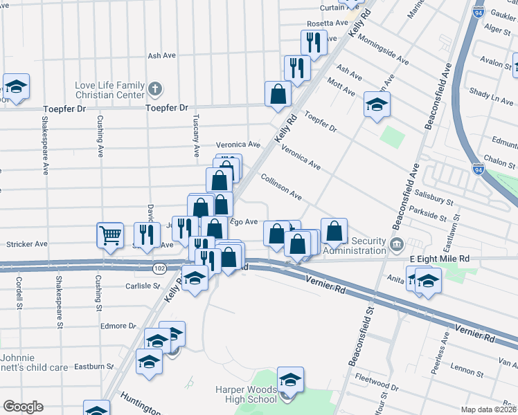 map of restaurants, bars, coffee shops, grocery stores, and more near 17770 Sprenger Avenue in Eastpointe