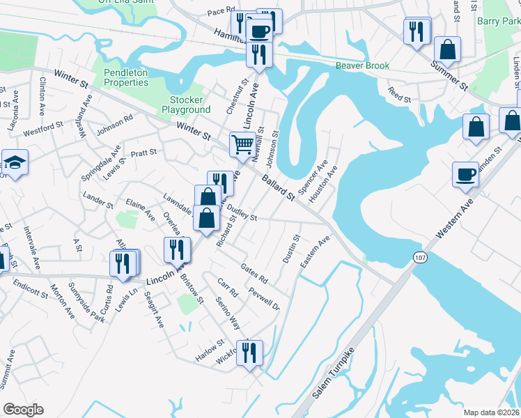 map of restaurants, bars, coffee shops, grocery stores, and more near 18 Greenwood Avenue in Saugus