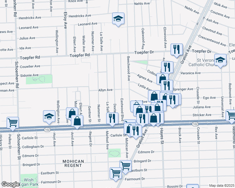 map of restaurants, bars, coffee shops, grocery stores, and more near 21042 Dexter Boulevard in Warren