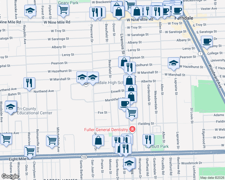 map of restaurants, bars, coffee shops, grocery stores, and more near 984 Emwill Street in Ferndale