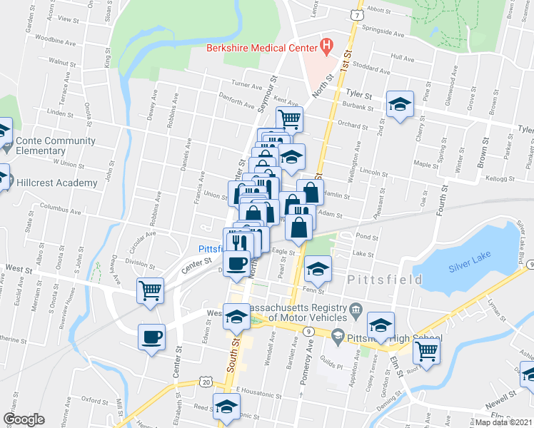 map of restaurants, bars, coffee shops, grocery stores, and more near 312 North Street in Pittsfield