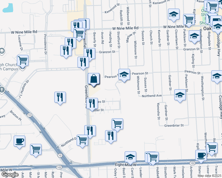 map of restaurants, bars, coffee shops, grocery stores, and more near 21650 Stratford Court in Oak Park