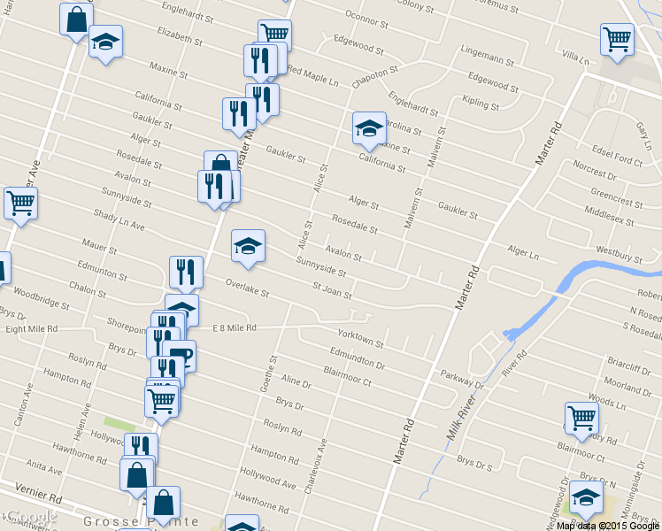 map of restaurants, bars, coffee shops, grocery stores, and more near 22701 Sunnyside Street in Saint Clair Shores