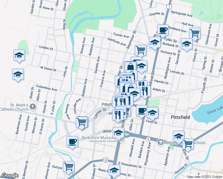 map of restaurants, bars, coffee shops, grocery stores, and more near 124 Summer Street in Pittsfield