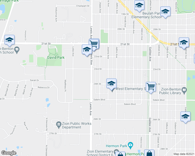 map of restaurants, bars, coffee shops, grocery stores, and more near 2314 Joppa Avenue in Zion