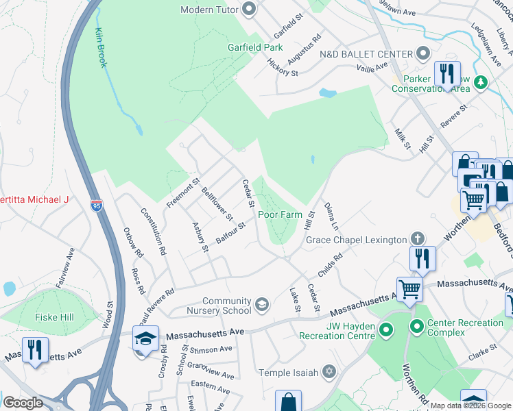 map of restaurants, bars, coffee shops, grocery stores, and more near 117 Cedar Street in Lexington