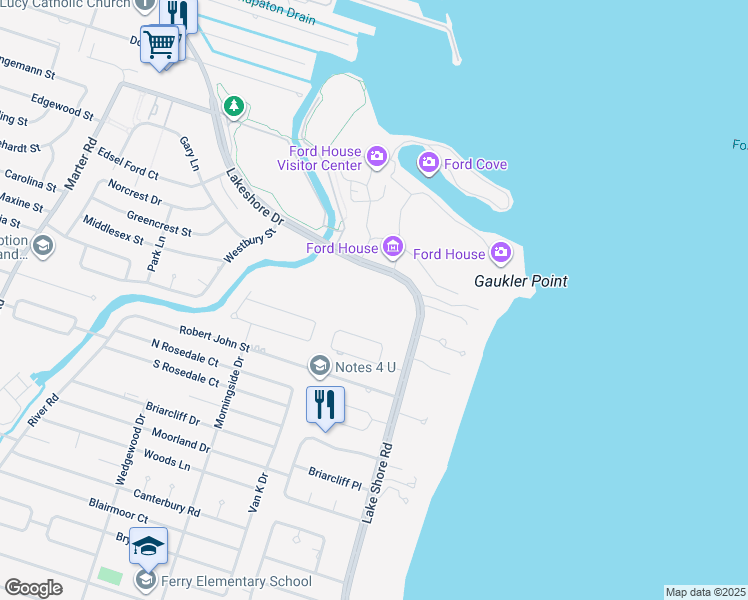 map of restaurants, bars, coffee shops, grocery stores, and more near 1101 Lake Shore Rd in Grosse Pointe Shores