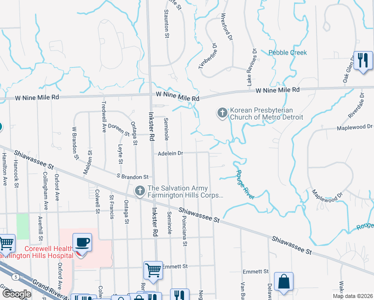 map of restaurants, bars, coffee shops, grocery stores, and more near 22010 Poinciana Street in Southfield