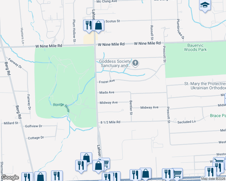 map of restaurants, bars, coffee shops, grocery stores, and more near 21740 Mada Avenue in Southfield