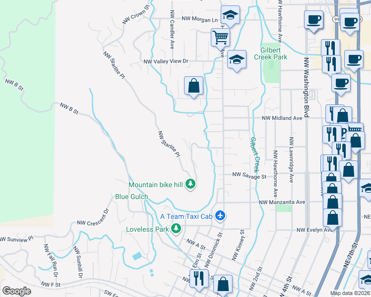 map of restaurants, bars, coffee shops, grocery stores, and more near 952 Northwest Starlite Place in Grants Pass