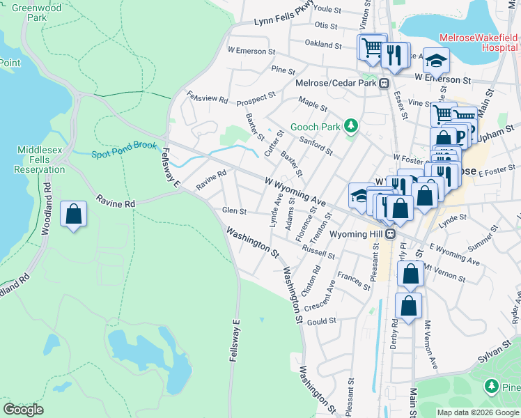 map of restaurants, bars, coffee shops, grocery stores, and more near 17 Glen Street in Melrose