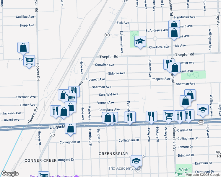 map of restaurants, bars, coffee shops, grocery stores, and more near 12740 Sherman Avenue in Warren