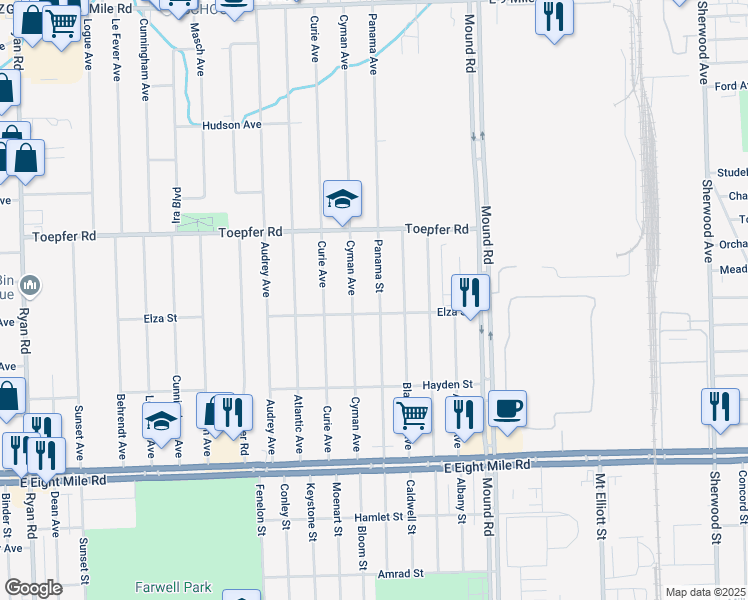 map of restaurants, bars, coffee shops, grocery stores, and more near 21425 Panama Street in Warren