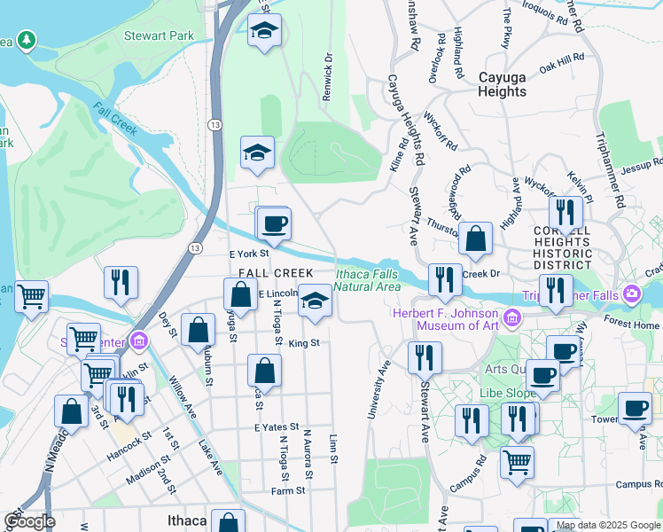 map of restaurants, bars, coffee shops, grocery stores, and more near 326 East Falls Street in Ithaca