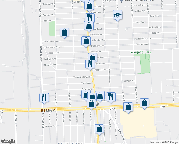 map of restaurants, bars, coffee shops, grocery stores, and more near 21351 Van Dyke Avenue in Warren