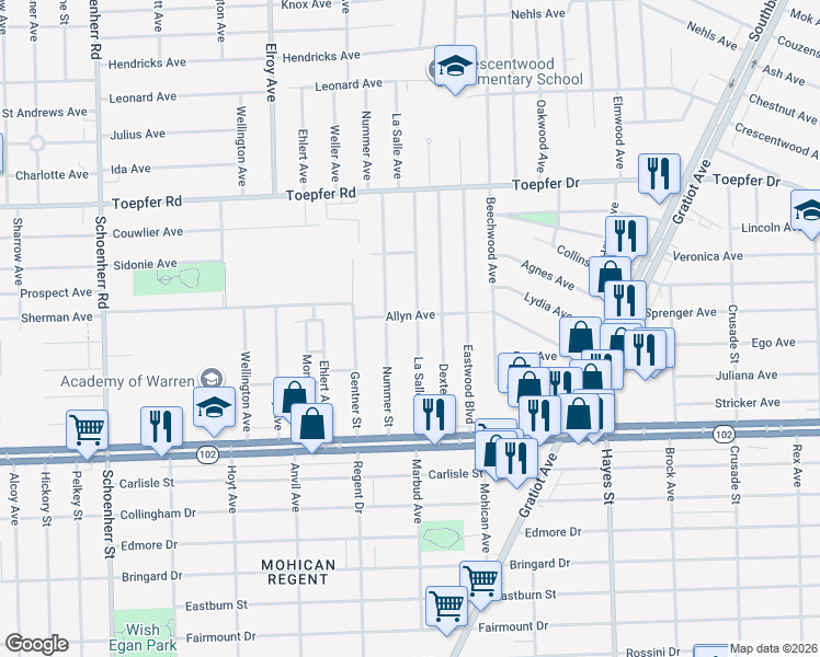 map of restaurants, bars, coffee shops, grocery stores, and more near 21081 La Salle Boulevard in Warren