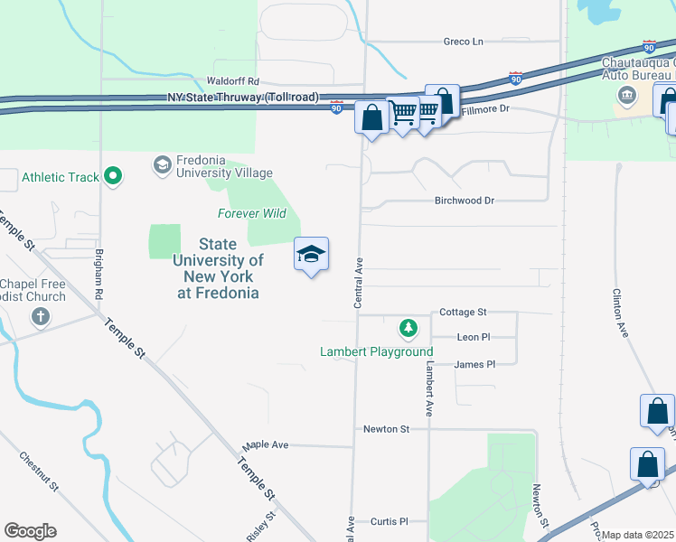 map of restaurants, bars, coffee shops, grocery stores, and more near 280 Central Avenue in Fredonia