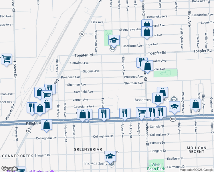 map of restaurants, bars, coffee shops, grocery stores, and more near 13012 Sherman Avenue in Warren
