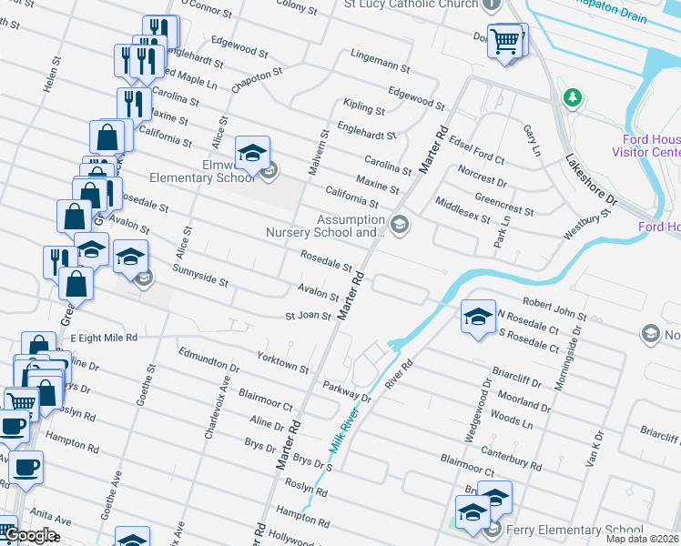 map of restaurants, bars, coffee shops, grocery stores, and more near 22978 Rosedale Street in St. Clair Shores