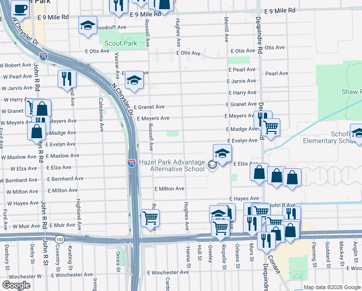 map of restaurants, bars, coffee shops, grocery stores, and more near 1326 East Evelyn Avenue in Hazel Park