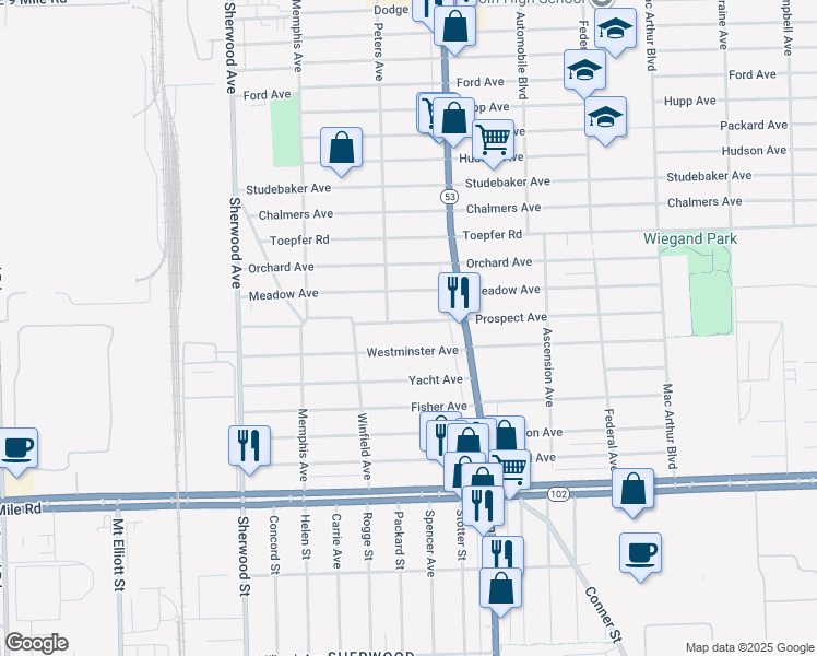 map of restaurants, bars, coffee shops, grocery stores, and more near 7544 Prospect Avenue in Warren