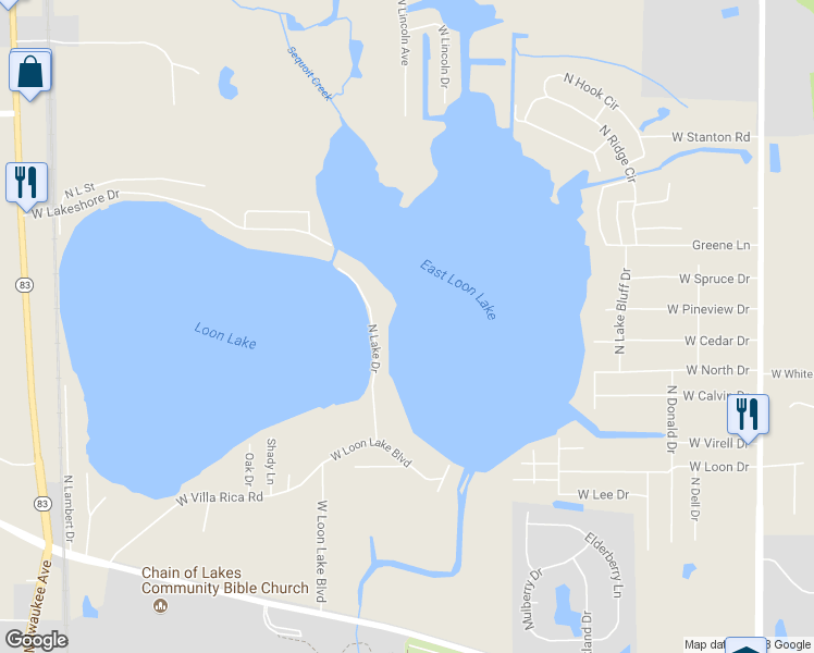 map of restaurants, bars, coffee shops, grocery stores, and more near 40579 North Lake Drive in Antioch