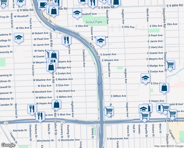 map of restaurants, bars, coffee shops, grocery stores, and more near 804 East Evelyn Avenue in Hazel Park