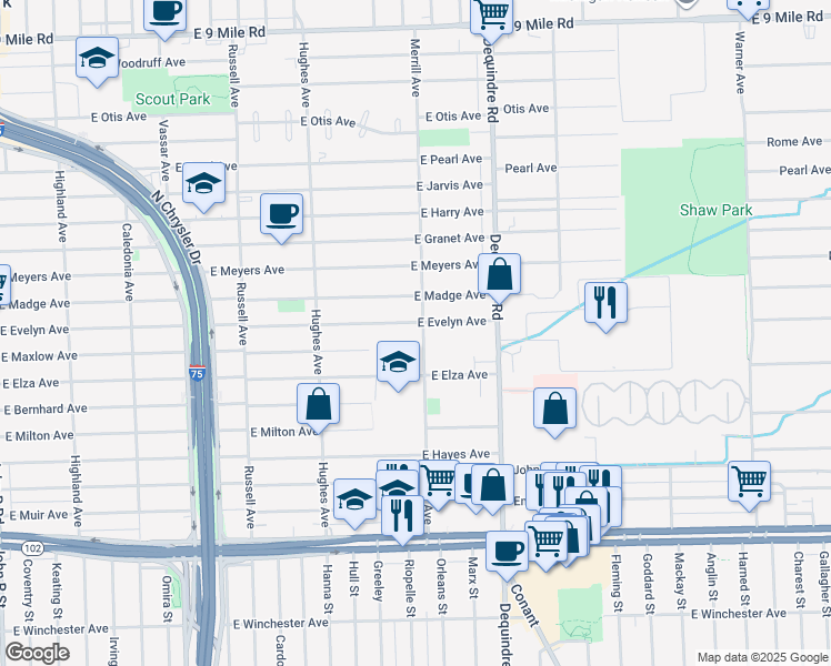 map of restaurants, bars, coffee shops, grocery stores, and more near 1600 East Evelyn Avenue in Hazel Park