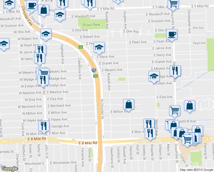 map of restaurants, bars, coffee shops, grocery stores, and more near 1026 East Evelyn Avenue in Hazel Park