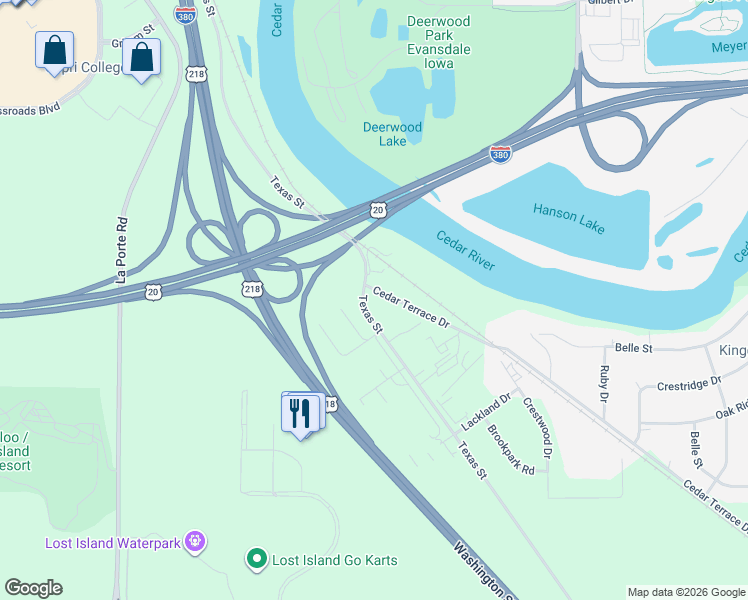 map of restaurants, bars, coffee shops, grocery stores, and more near 4335 Texas Street in Waterloo